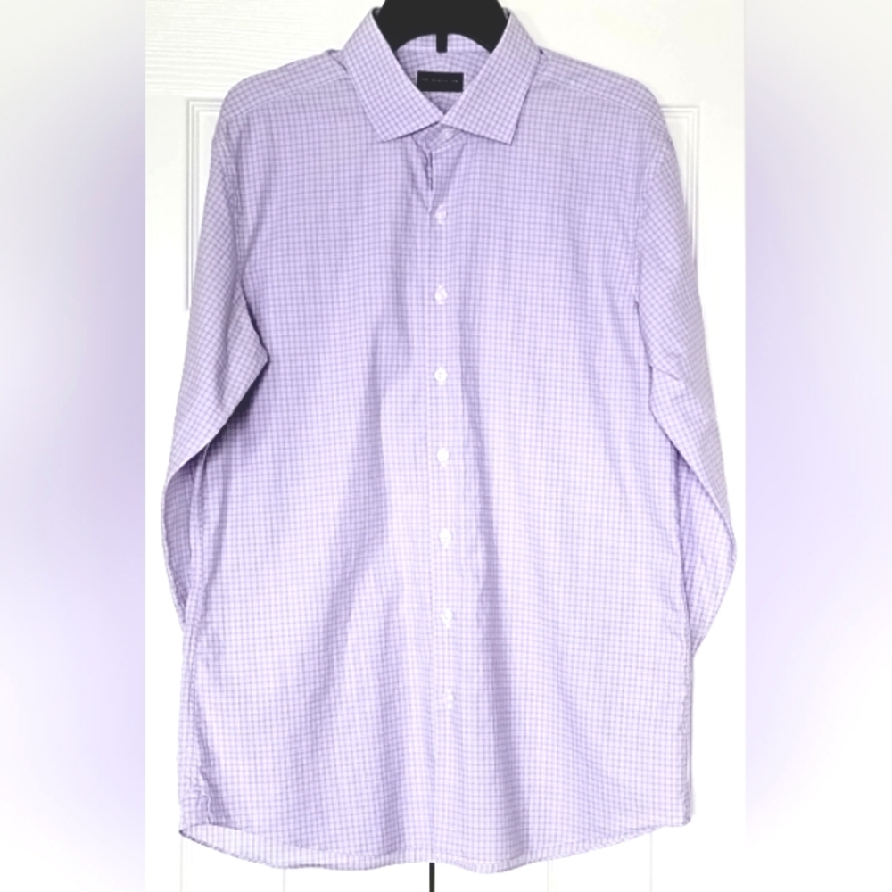Proper Cloth men's Cotton Button Down Shirt Purple Plaid Long Sleeve Neck Sz 18"